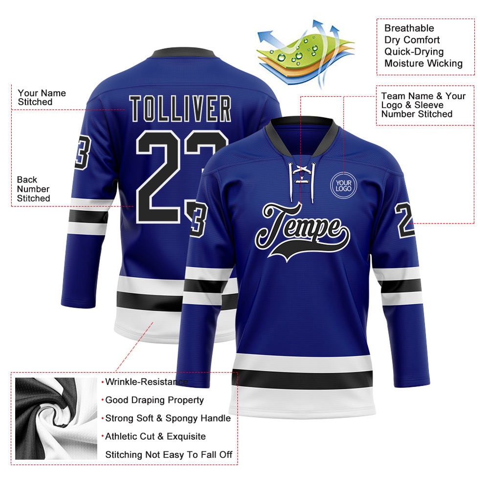 Custom Royal Black White Hockey Lace Neck Jersey, New Hockey Jersey, Personali Sport Team Jersey Shirt