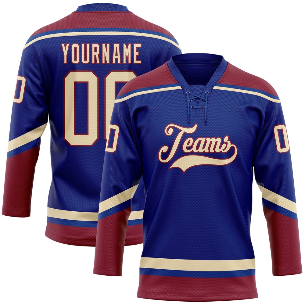 Custom Royal City Cream Crimson Hockey Lace Neck Jersey, New Hockey Jersey, Personali Sport Team Jersey Shirt Custom Royal City Cream Crimson Hockey Lace Neck Jersey, New Hockey Jersey, Personali Sport Team Jersey Shirt