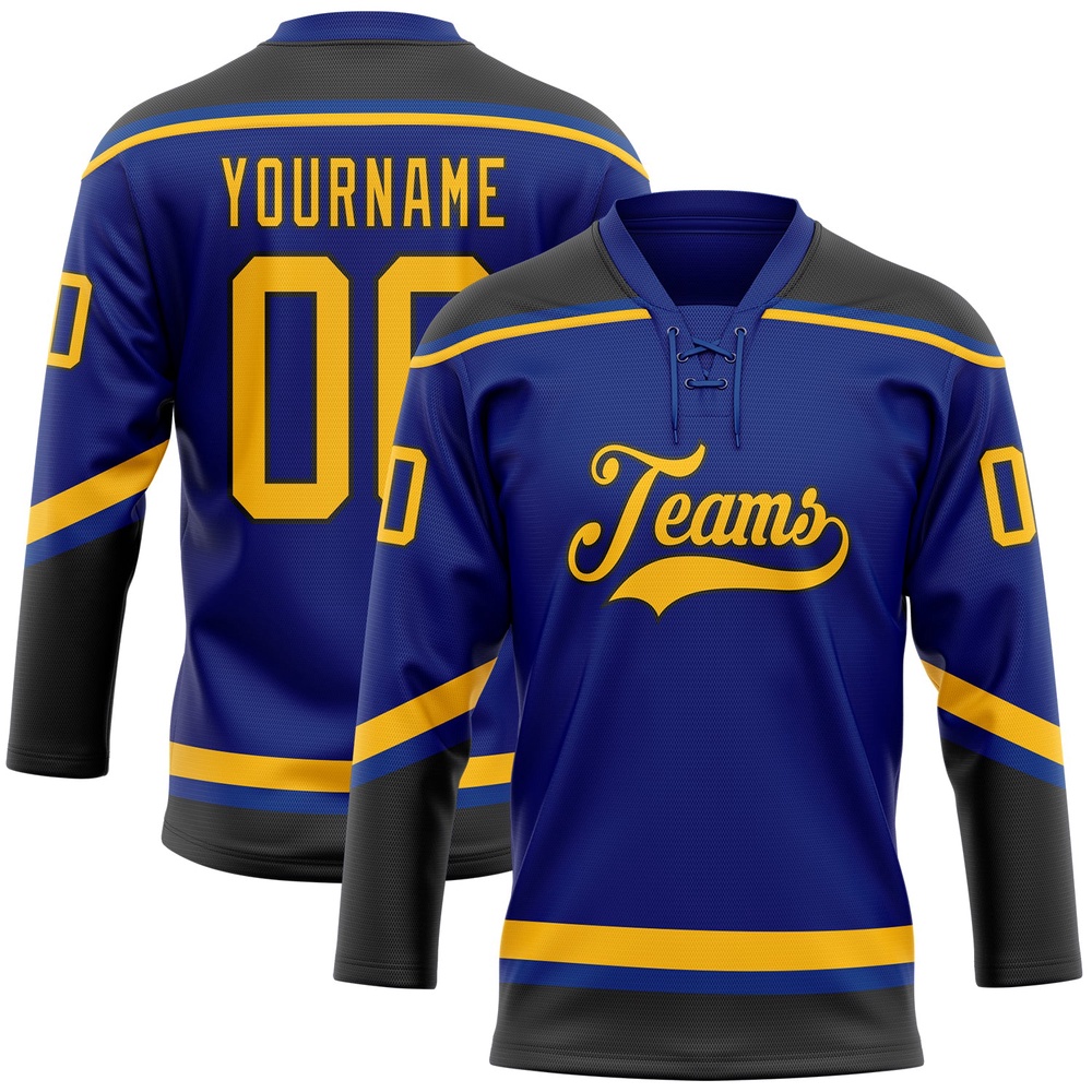 Custom Royal Gold Black Hockey Lace Neck Jersey, New Hockey Jersey, Personali Sport Team Jersey Shirt Custom Royal Gold Black Hockey Lace Neck Jersey, New Hockey Jersey, Personali Sport Team Jersey Shirt