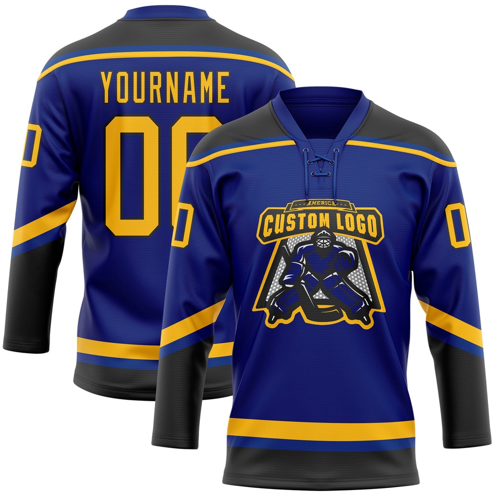 Custom Royal Gold Black Hockey Lace Neck Jersey, New Hockey Jersey, Personali Sport Team Jersey Shirt Custom Royal Gold Black Hockey Lace Neck Jersey, New Hockey Jersey, Personali Sport Team Jersey Shirt