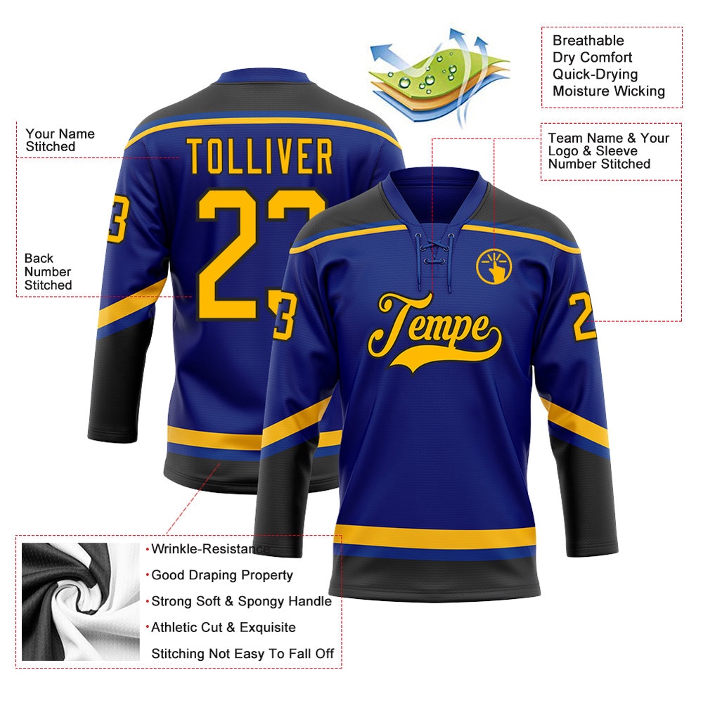 Custom Royal Gold Black Hockey Lace Neck Jersey, New Hockey Jersey, Personali Sport Team Jersey Shirt Custom Royal Gold Black Hockey Lace Neck Jersey, New Hockey Jersey, Personali Sport Team Jersey Shirt