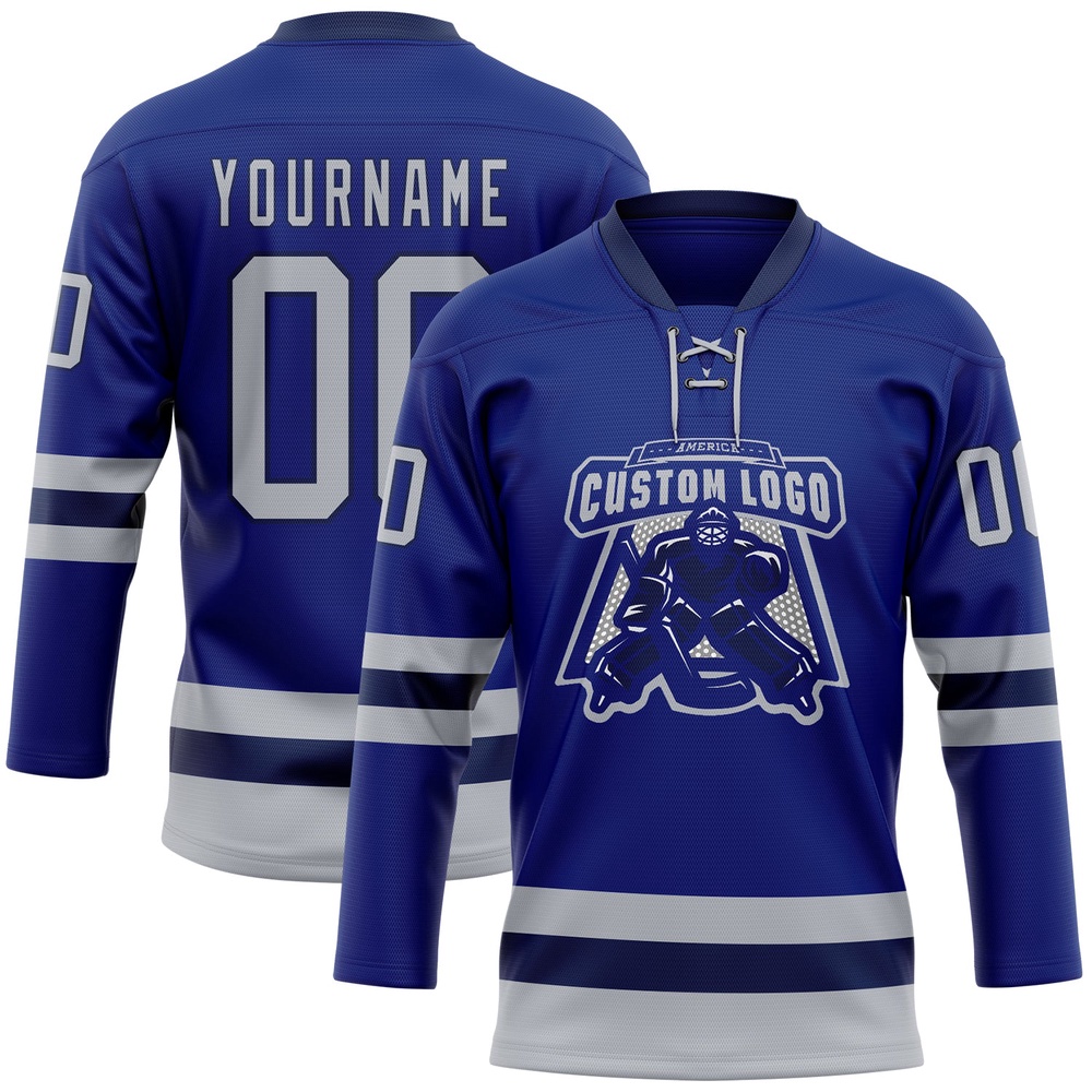 Custom Royal Gray Navy Hockey Lace Neck Jersey, New Hockey Jersey, Personali Sport Team Jersey Shirt