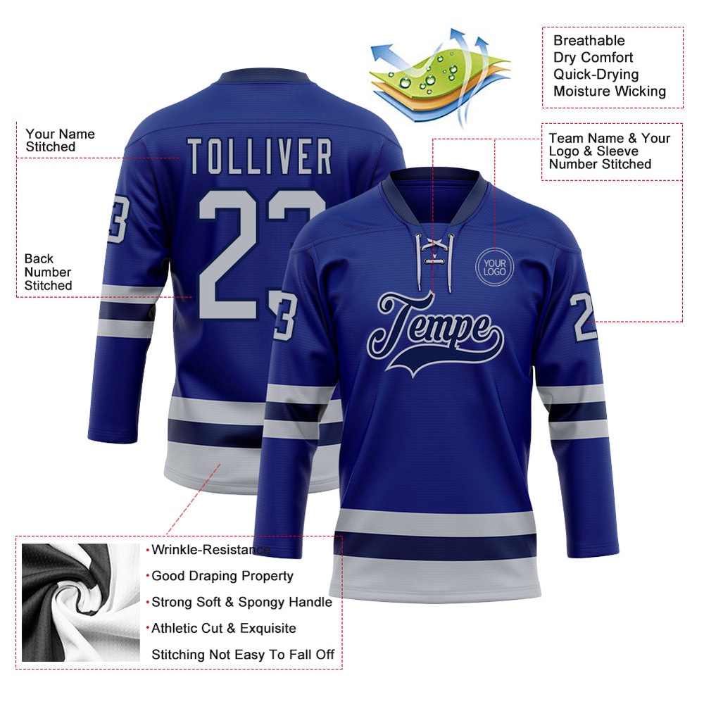 Custom Royal Gray Navy Hockey Lace Neck Jersey, New Hockey Jersey, Personali Sport Team Jersey Shirt