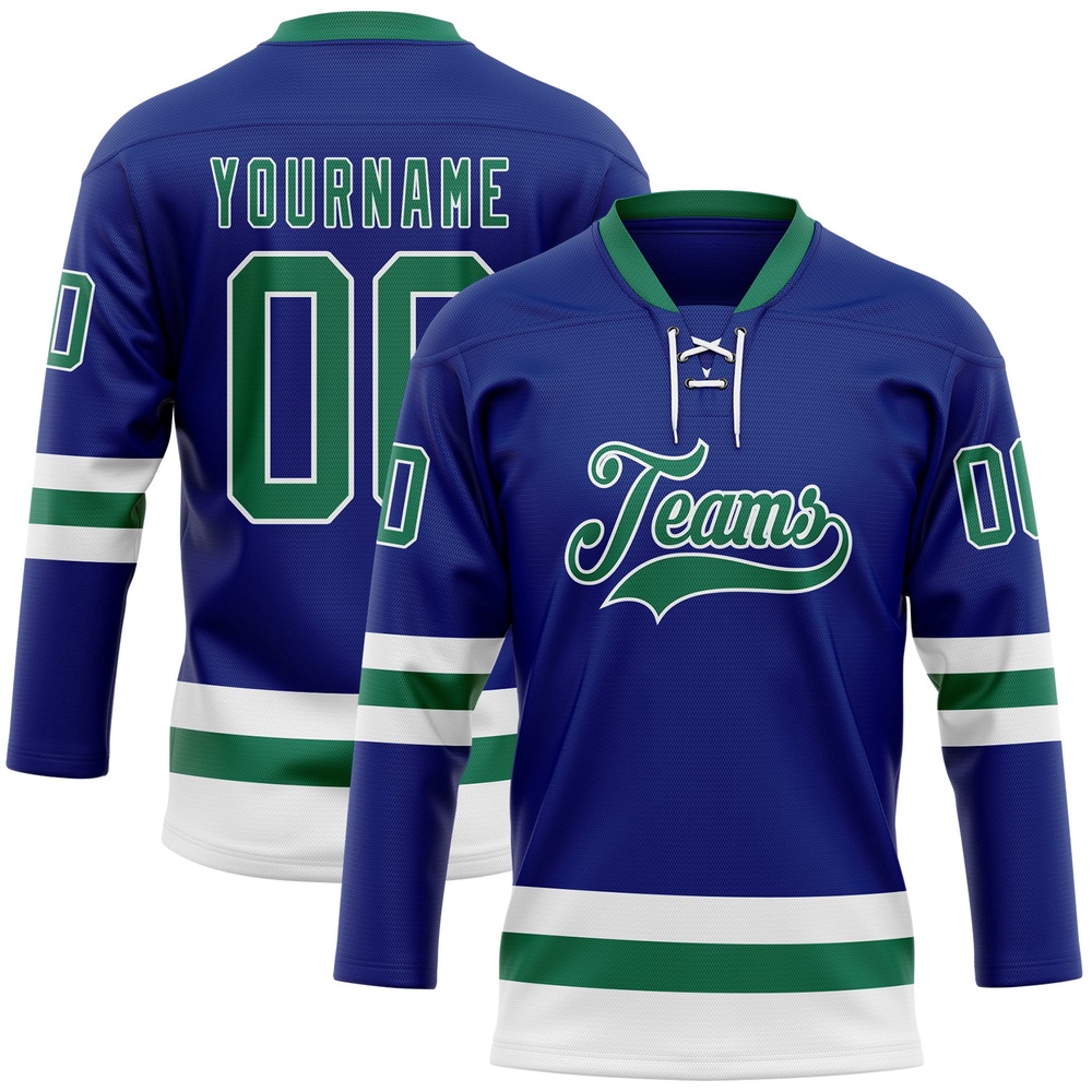 Custom Royal Kelly Green White Hockey Lace Neck Jersey, New Hockey Jersey, Personali Sport Team Jersey Shirt Custom Royal Kelly Green White Hockey Lace Neck Jersey, New Hockey Jersey, Personali Sport Team Jersey Shirt