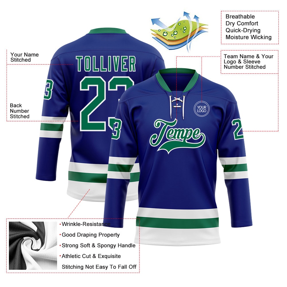 Custom Royal Kelly Green White Hockey Lace Neck Jersey, New Hockey Jersey, Personali Sport Team Jersey Shirt Custom Royal Kelly Green White Hockey Lace Neck Jersey, New Hockey Jersey, Personali Sport Team Jersey Shirt