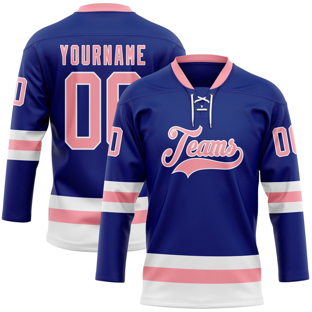 Custom Royal Medium Pink White Hockey Lace Neck Jersey, New Hockey Jersey, Personali Sport Team Jersey Shirt Custom Royal Medium Pink White Hockey Lace Neck Jersey, New Hockey Jersey, Personali Sport Team Jersey Shirt