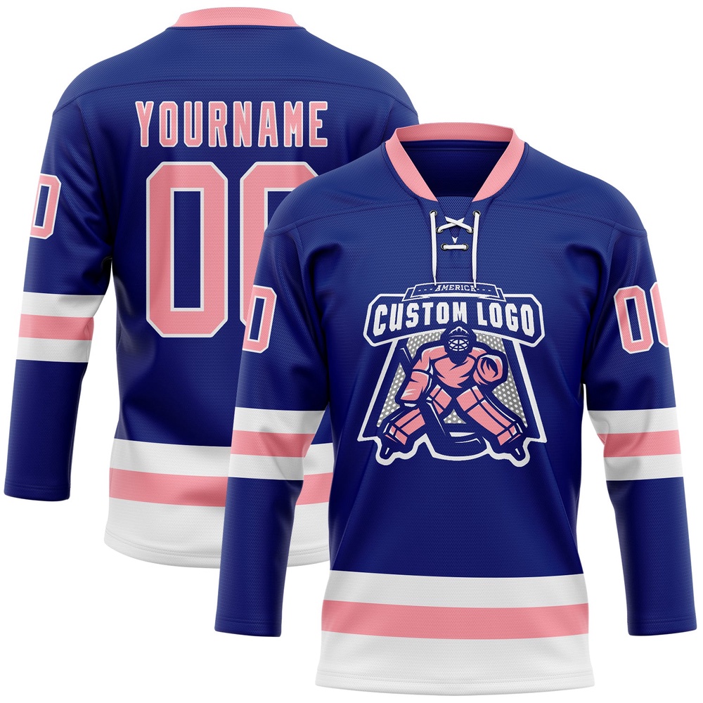 Custom Royal Medium Pink White Hockey Lace Neck Jersey, New Hockey Jersey, Personali Sport Team Jersey Shirt Custom Royal Medium Pink White Hockey Lace Neck Jersey, New Hockey Jersey, Personali Sport Team Jersey Shirt