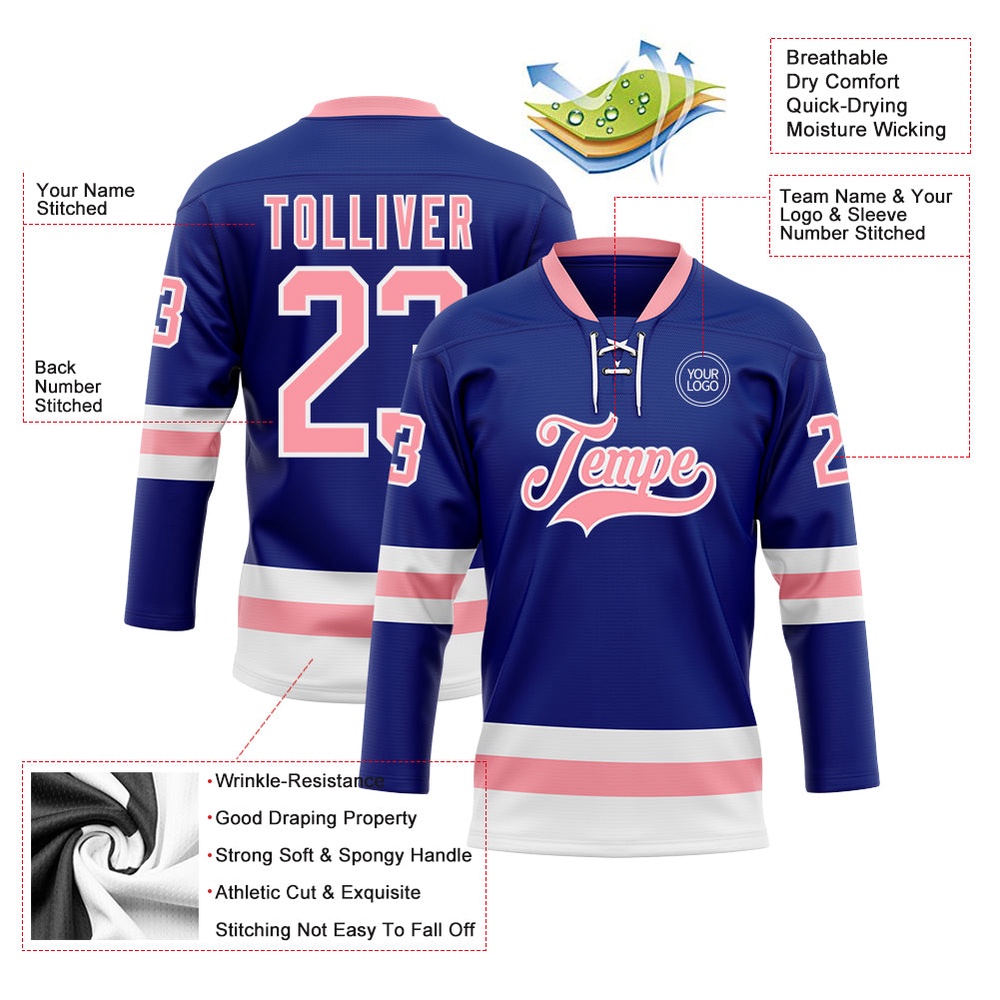Custom Royal Medium Pink White Hockey Lace Neck Jersey, New Hockey Jersey, Personali Sport Team Jersey Shirt Custom Royal Medium Pink White Hockey Lace Neck Jersey, New Hockey Jersey, Personali Sport Team Jersey Shirt