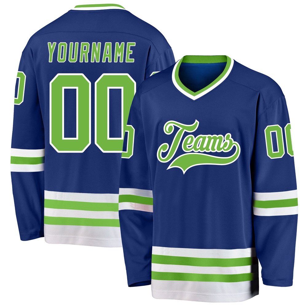 Custom Royal Neon Green White Hockey Jersey, New Hockey Jersey, Personali Sport Team Jersey Shirt Custom Royal Neon Green White Hockey Jersey, New Hockey Jersey, Personali Sport Team Jersey Shirt