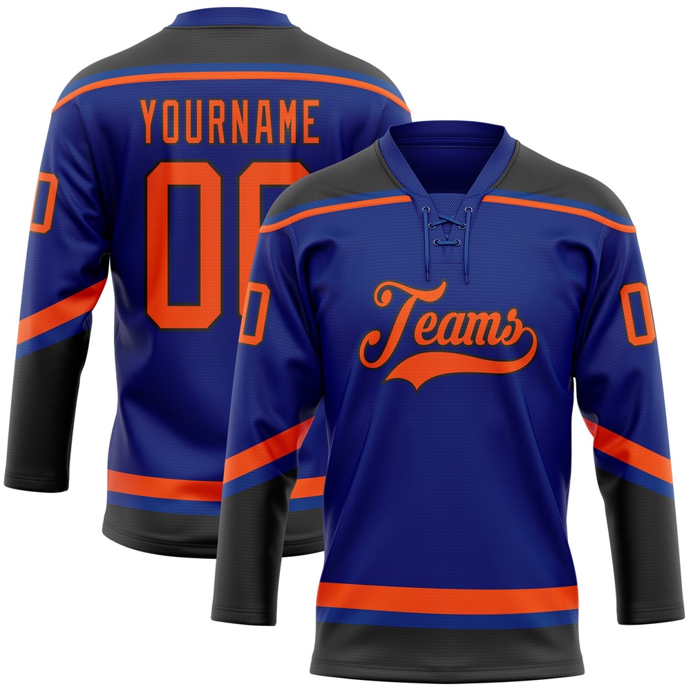Custom Royal Orange Black Hockey Lace Neck Jersey, New Hockey Jersey, Personali Sport Team Jersey Shirt Custom Royal Orange Black Hockey Lace Neck Jersey, New Hockey Jersey, Personali Sport Team Jersey Shirt