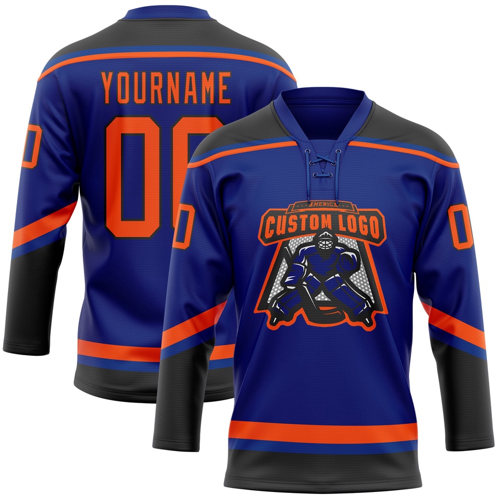 Custom Royal Orange Black Hockey Lace Neck Jersey, New Hockey Jersey, Personali Sport Team Jersey Shirt Custom Royal Orange Black Hockey Lace Neck Jersey, New Hockey Jersey, Personali Sport Team Jersey Shirt