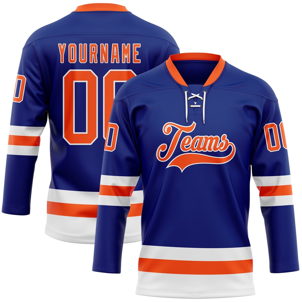 Custom Royal Orange White Hockey Lace Neck Jersey, New Hockey Jersey, Personali Sport Team Jersey Shirt Custom Royal Orange White Hockey Lace Neck Jersey, New Hockey Jersey, Personali Sport Team Jersey Shirt