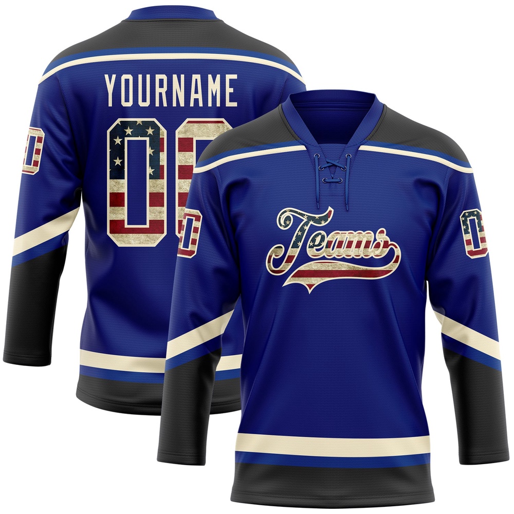 Custom Royal Vintage USA Flag Black Cream Hockey Lace Neck Jersey, New Hockey Jersey, Personali Sport Team Jersey Shirt Custom Royal Vintage USA Flag Black Cream Hockey Lace Neck Jersey, New Hockey Jersey, Personali Sport Team Jersey Shirt