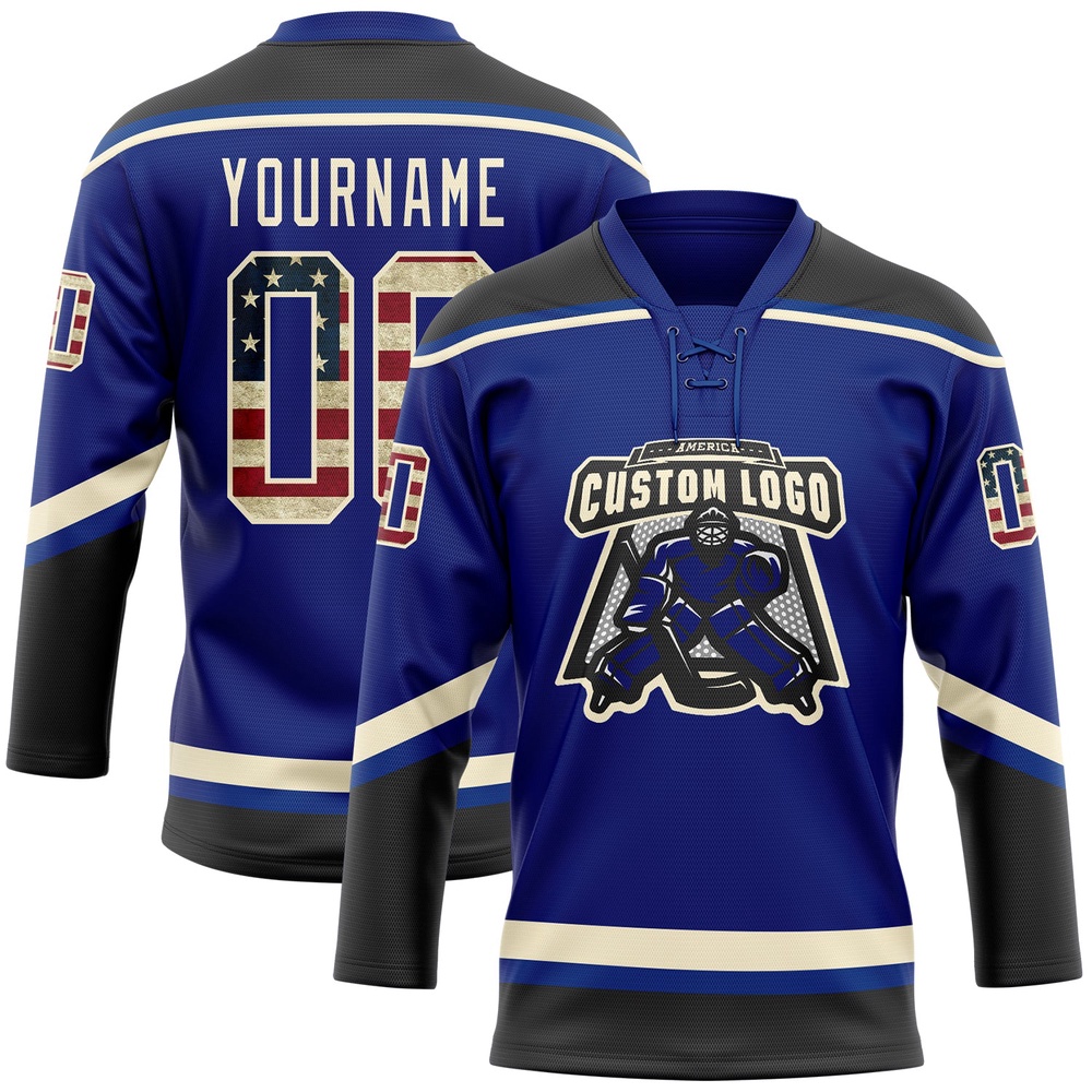 Custom Royal Vintage USA Flag Black Cream Hockey Lace Neck Jersey, New Hockey Jersey, Personali Sport Team Jersey Shirt Custom Royal Vintage USA Flag Black Cream Hockey Lace Neck Jersey, New Hockey Jersey, Personali Sport Team Jersey Shirt