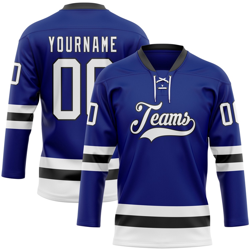 Custom Royal White Black Hockey Lace Neck Jersey, New Hockey Jersey, Personali Sport Team Jersey Shirt