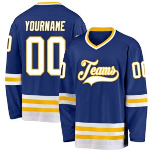 Custom Royal White Gold Hockey Jersey, New…