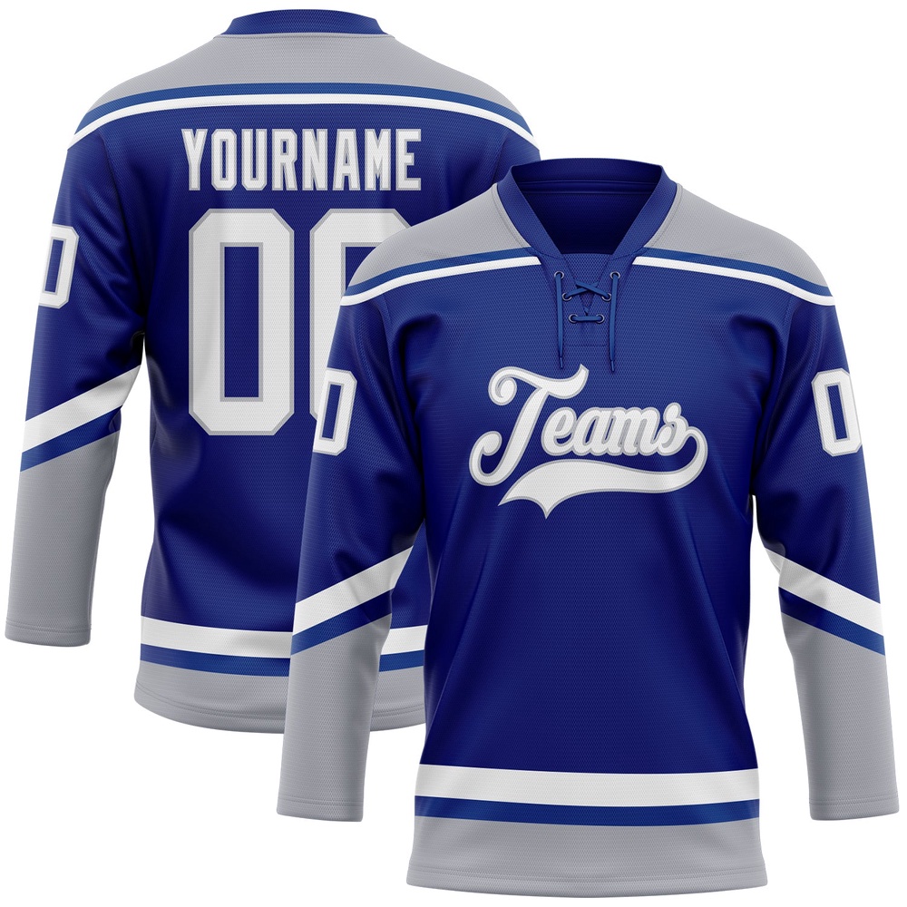 Custom Royal White Gray Hockey Lace Neck Jersey, New Hockey Jersey, Personali Sport Team Jersey Shirt Custom Royal White Gray Hockey Lace Neck Jersey, New Hockey Jersey, Personali Sport Team Jersey Shirt
