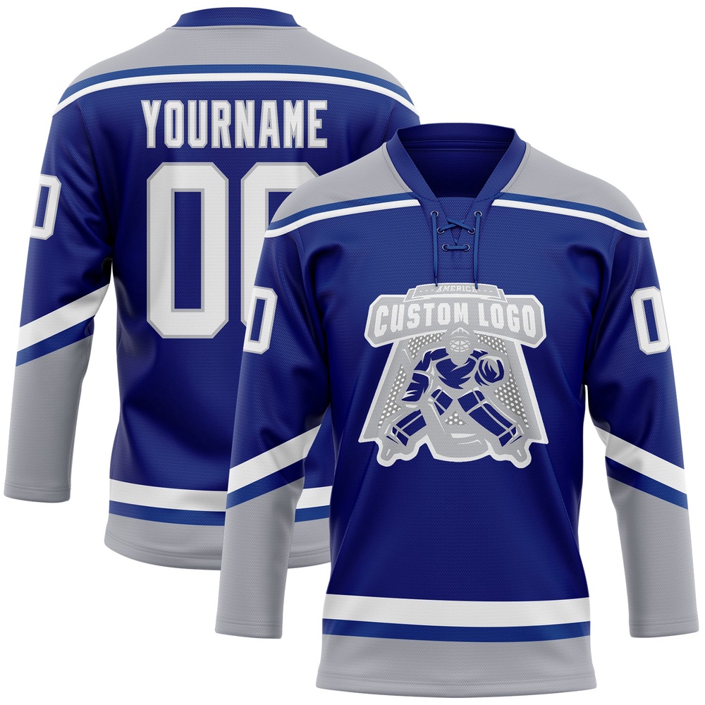 Custom Royal White Gray Hockey Lace Neck Jersey, New Hockey Jersey, Personali Sport Team Jersey Shirt Custom Royal White Gray Hockey Lace Neck Jersey, New Hockey Jersey, Personali Sport Team Jersey Shirt