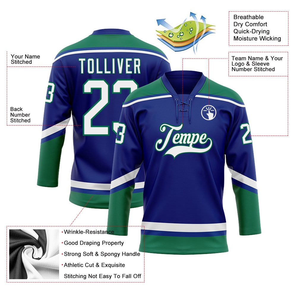 Custom Royal White Kelly Green Hockey Lace Neck Jersey, New Hockey Jersey, Personali Sport Team Jersey Shirt Custom Royal White Kelly Green Hockey Lace Neck Jersey, New Hockey Jersey, Personali Sport Team Jersey Shirt