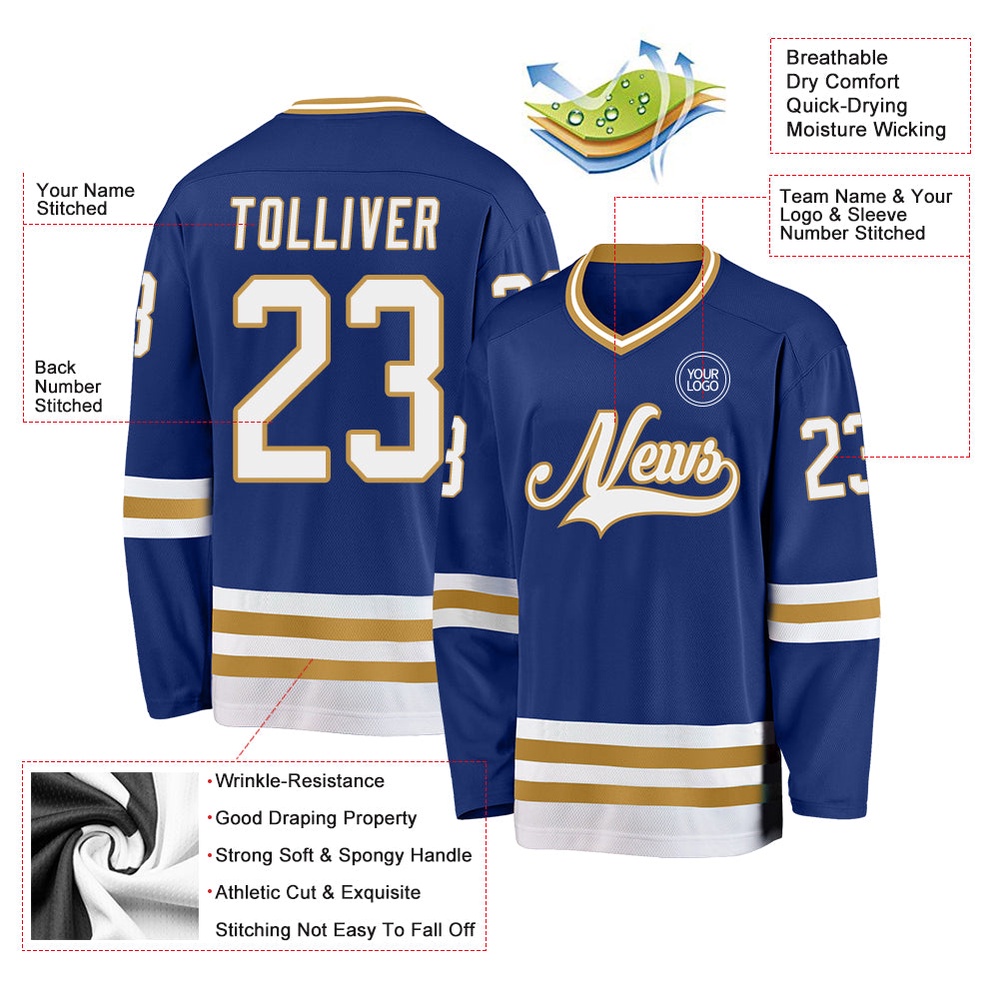 Custom Royal White Old Gold Hockey Jersey, New Hockey Jersey, Personali Sport Team Jersey Shirt
