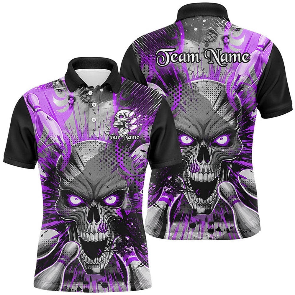 Custom Short Sleeve Skull Bowling Shirts For Men, Halloween Bowling Shirt With Name Purple, Personalized Bowling Team Shirt Custom Short Sleeve Skull Bowling Shirts For Men, Halloween Bowling Shirt With Name Purple, Personalized Bowling Team Shirt