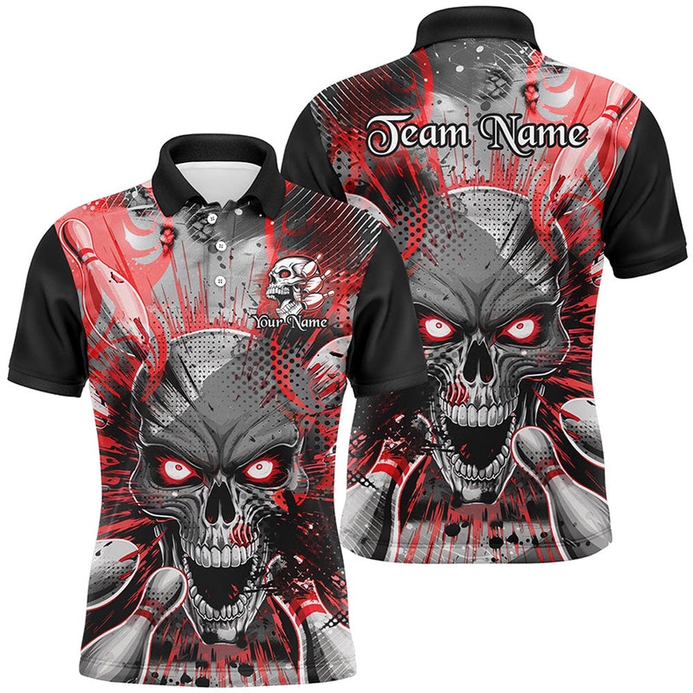 Custom Short Sleeve Skull Bowling Shirts For Men, Halloween Bowling Shirt With Name Red, Personalized Bowling Team Shirt Custom Short Sleeve Skull Bowling Shirts For Men, Halloween Bowling Shirt With Name Red, Personalized Bowling Team Shirt