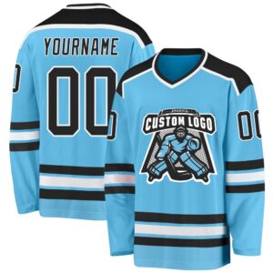 Custom Sky Blue Black White Hockey Jersey,…