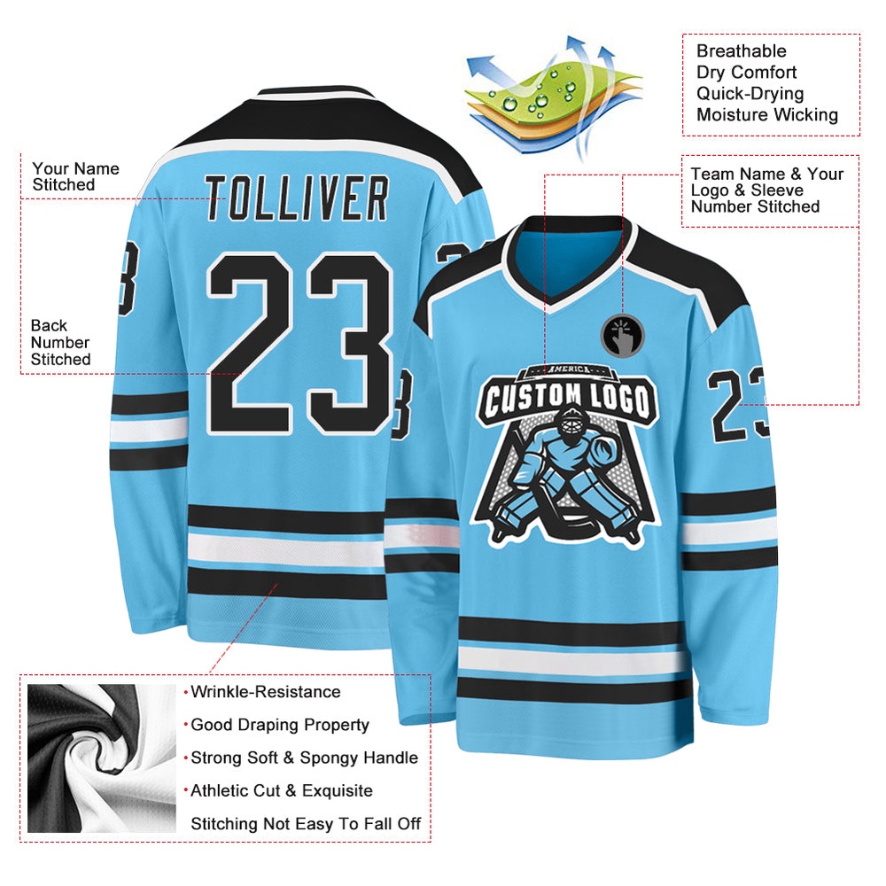 Custom Sky Blue Black White Hockey Jersey, New Hockey Jersey, Personali Sport Team Jersey Shirt