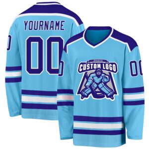Custom Sky Blue Dark Purple White Hockey…