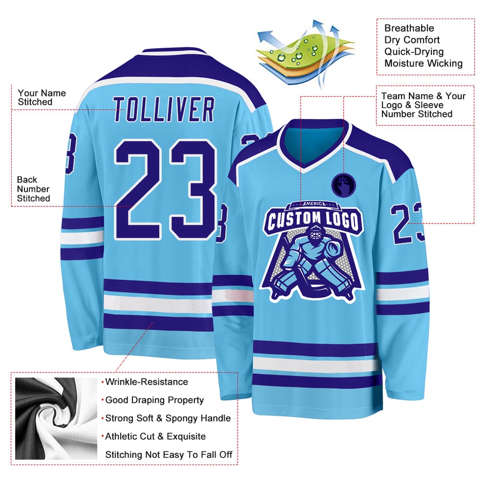 Custom Sky Blue Dark Purple White Hockey Jersey, New Hockey Jersey, Personali Sport Team Jersey Shirt Custom Sky Blue Dark Purple White Hockey Jersey, New Hockey Jersey, Personali Sport Team Jersey Shirt
