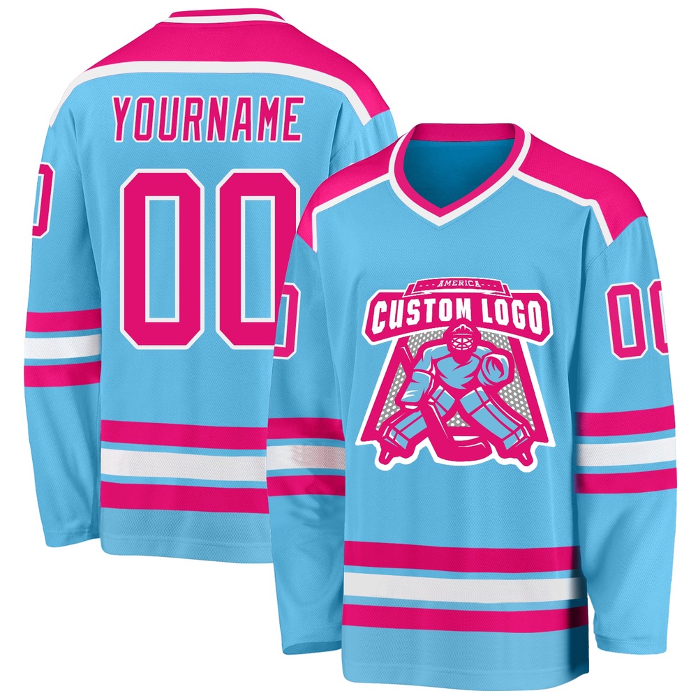 Custom Sky Blue Hot Pink White Hockey Jersey, New Hockey Jersey, Personali Sport Team Jersey Shirt Custom Sky Blue Hot Pink White Hockey Jersey, New Hockey Jersey, Personali Sport Team Jersey Shirt