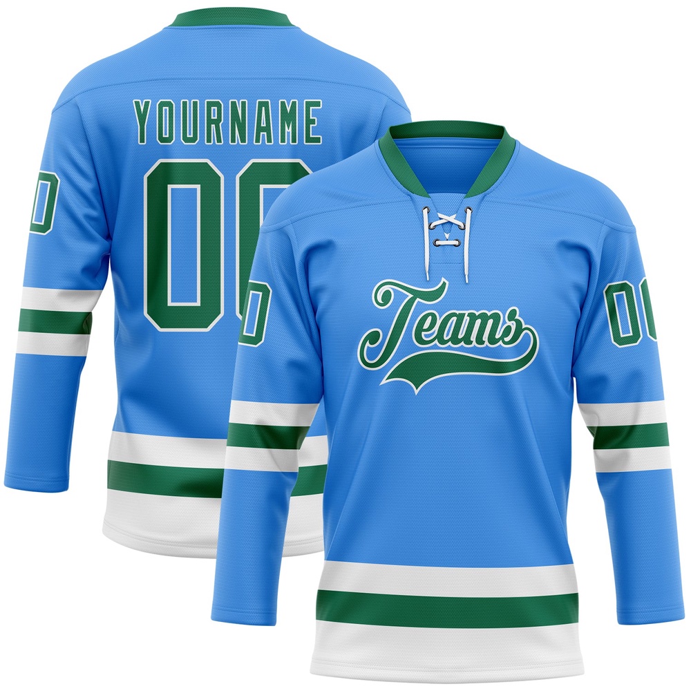 Custom Sky Blue Kelly Green White Hockey Lace Neck Jersey, New Hockey Jersey, Personali Sport Team Jersey Shirt Custom Sky Blue Kelly Green White Hockey Lace Neck Jersey, New Hockey Jersey, Personali Sport Team Jersey Shirt