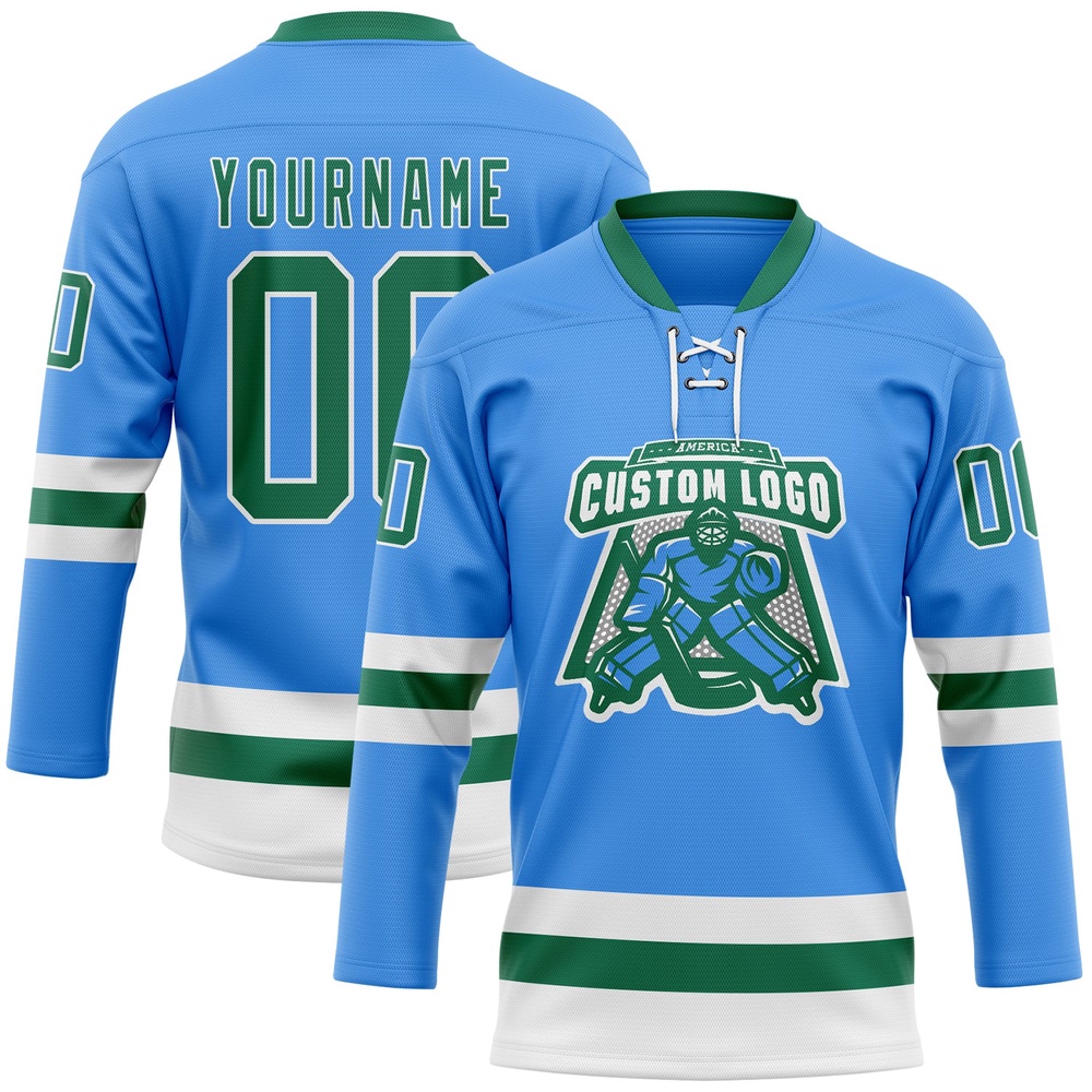Custom Sky Blue Kelly Green White Hockey Lace Neck Jersey, New Hockey Jersey, Personali Sport Team Jersey Shirt Custom Sky Blue Kelly Green White Hockey Lace Neck Jersey, New Hockey Jersey, Personali Sport Team Jersey Shirt