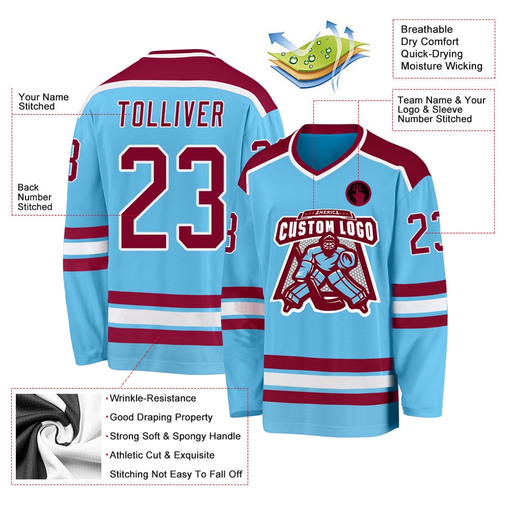 Custom Sky Blue Maroon White Hockey Jersey, New Hockey Jersey, Personali Sport Team Jersey Shirt