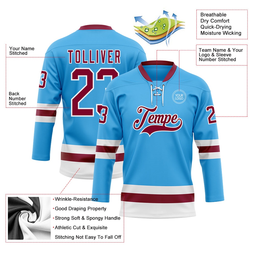 Custom Sky Blue Maroon White Hockey Lace Neck Jersey, New Hockey Jersey, Personali Sport Team Jersey Shirt Custom Sky Blue Maroon White Hockey Lace Neck Jersey, New Hockey Jersey, Personali Sport Team Jersey Shirt
