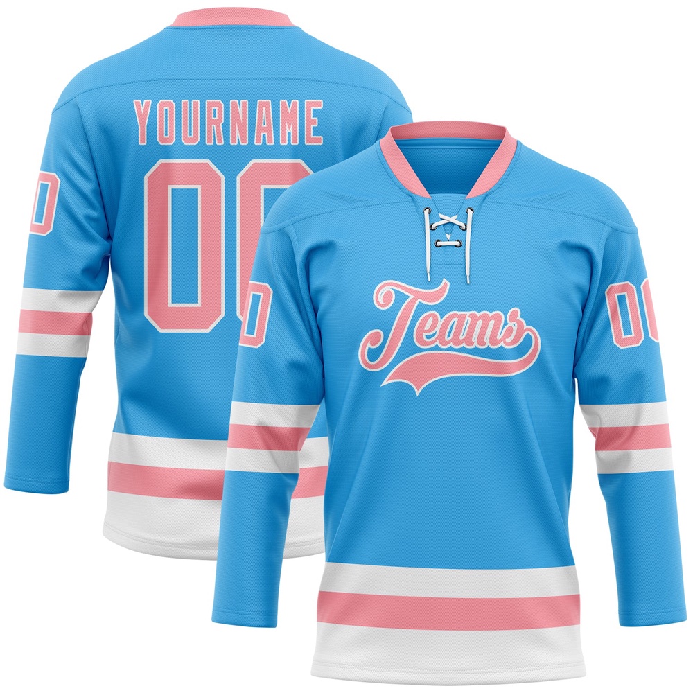 Custom Sky Blue Medium Pink White Hockey Lace Neck Jersey, New Hockey Jersey, Personali Sport Team Jersey Shirt