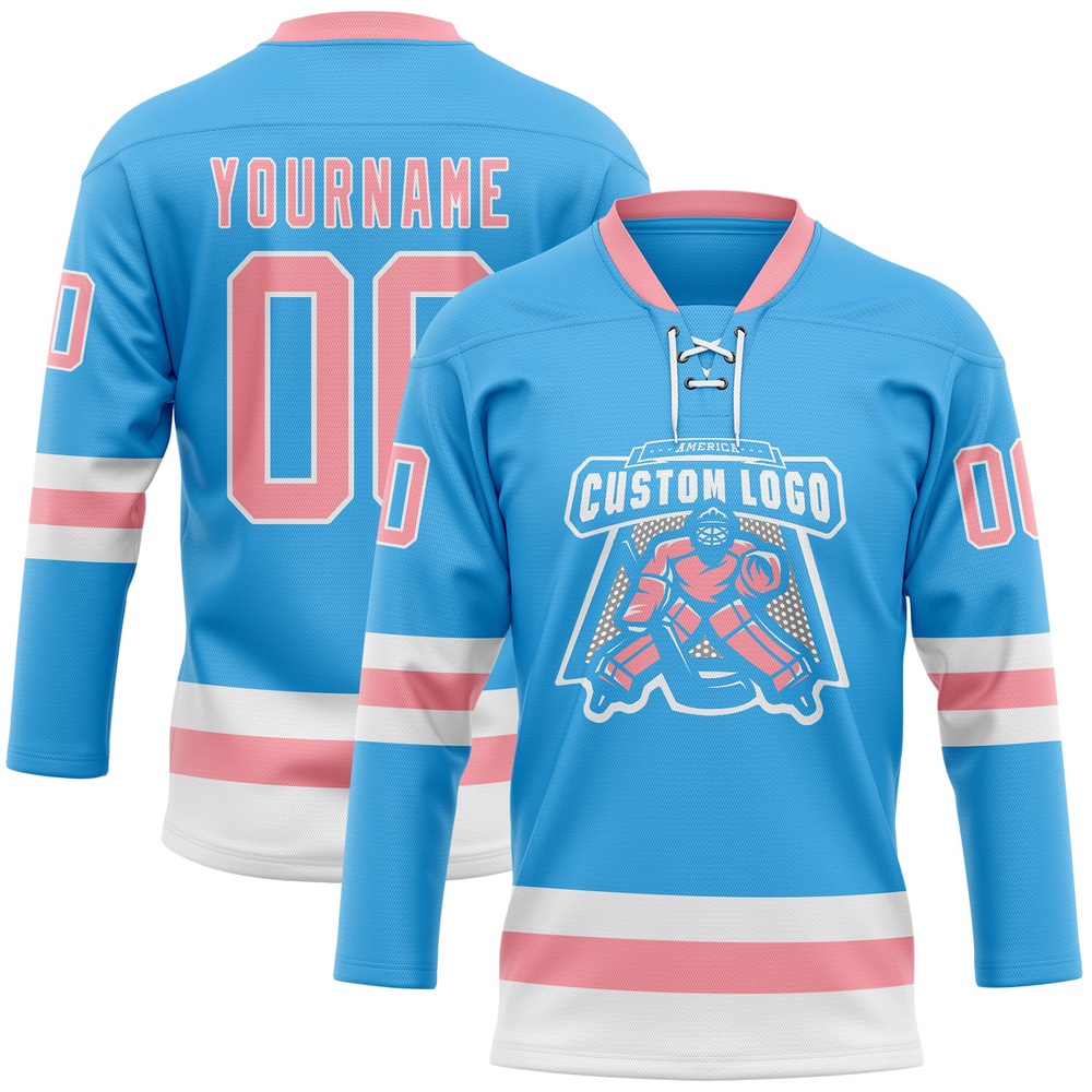 Custom Sky Blue Medium Pink White Hockey Lace Neck Jersey, New Hockey Jersey, Personali Sport Team Jersey Shirt