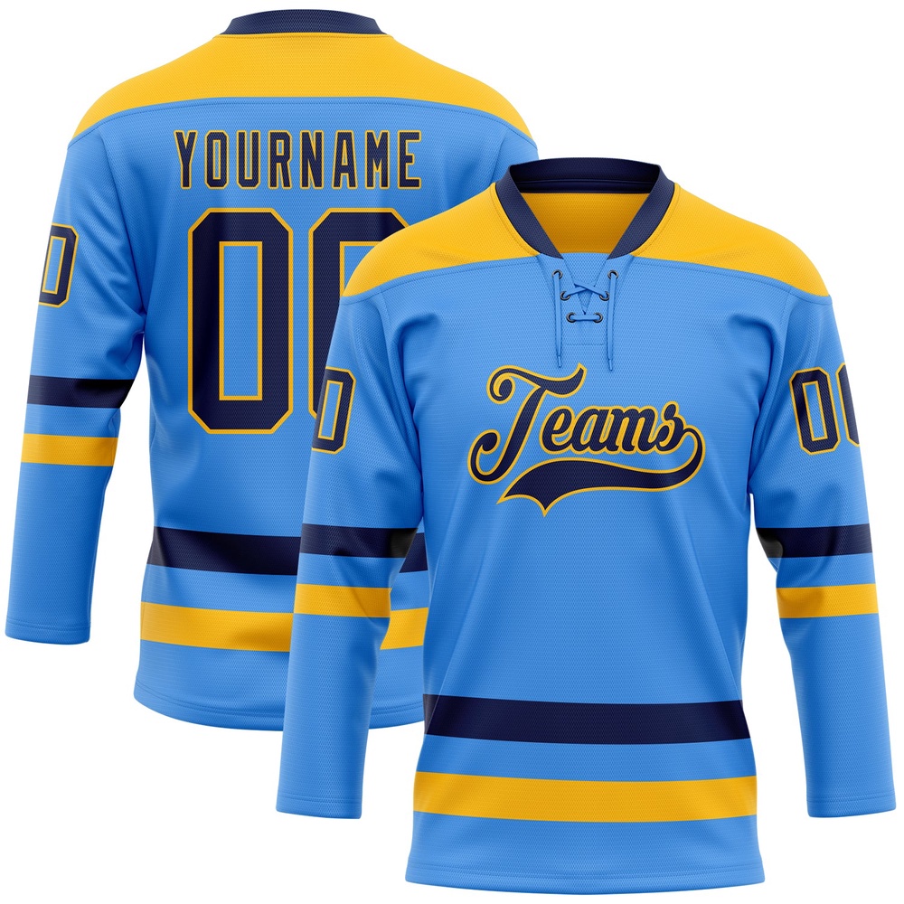 Custom Sky Blue Navy Gold Hockey Lace Neck Jersey, New Hockey Jersey, Personali Sport Team Jersey Shirt