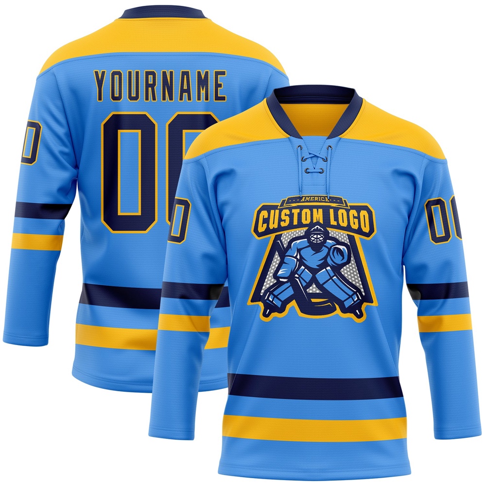 Custom Sky Blue Navy Gold Hockey Lace Neck Jersey, New Hockey Jersey, Personali Sport Team Jersey Shirt