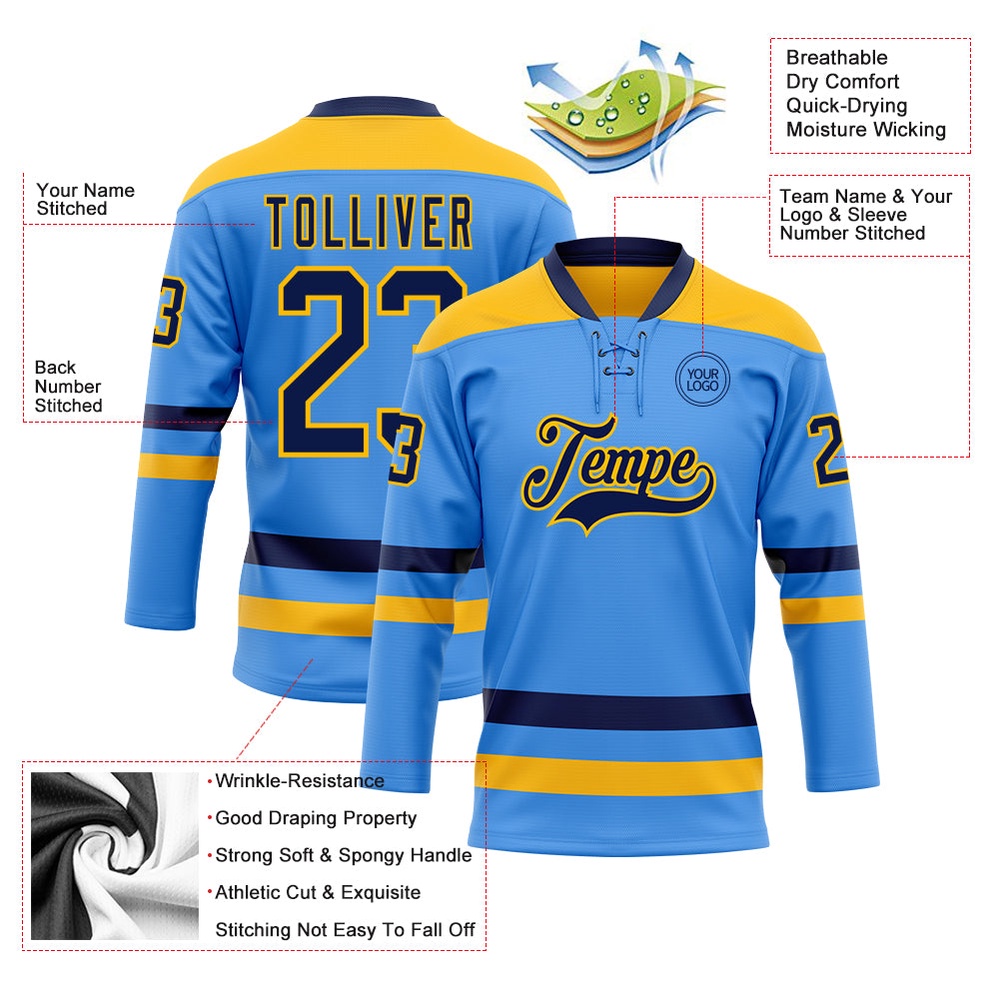 Custom Sky Blue Navy Gold Hockey Lace Neck Jersey, New Hockey Jersey, Personali Sport Team Jersey Shirt