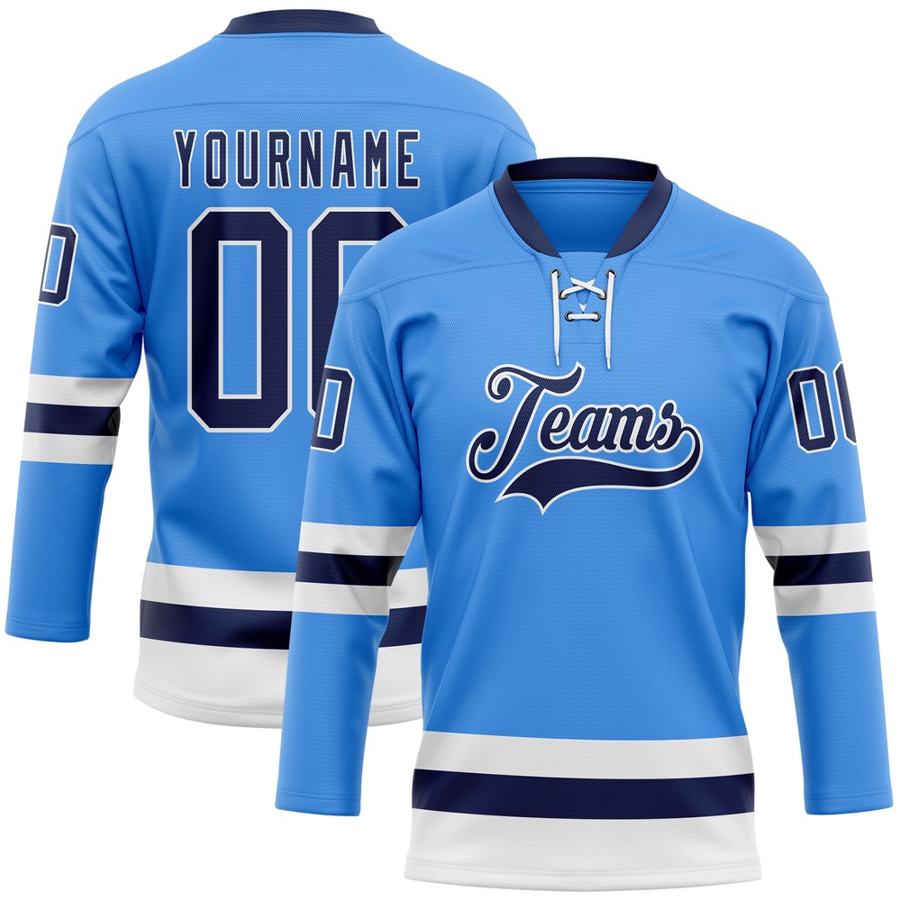 Custom Sky Blue Navy White Hockey Lace Neck Jersey, New Hockey Jersey, Personali Sport Team Jersey Shirt