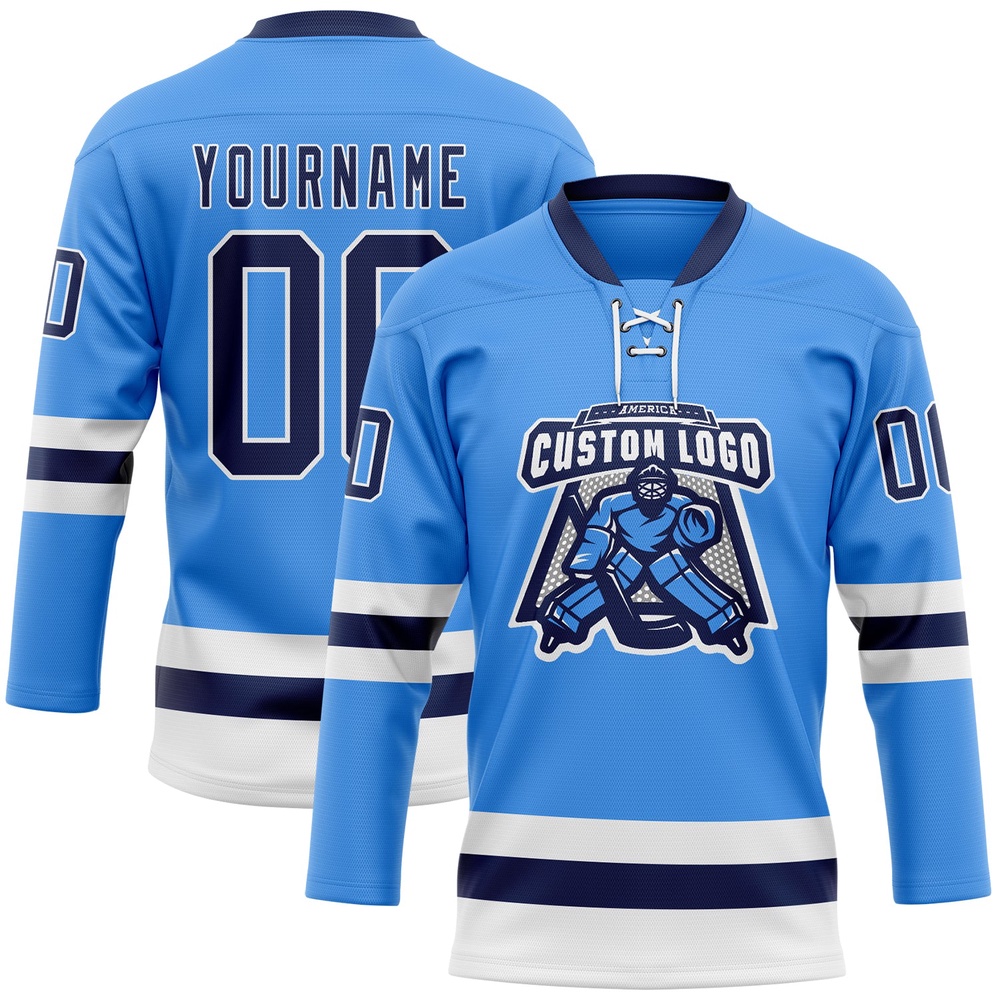 Custom Sky Blue Navy White Hockey Lace Neck Jersey, New Hockey Jersey, Personali Sport Team Jersey Shirt