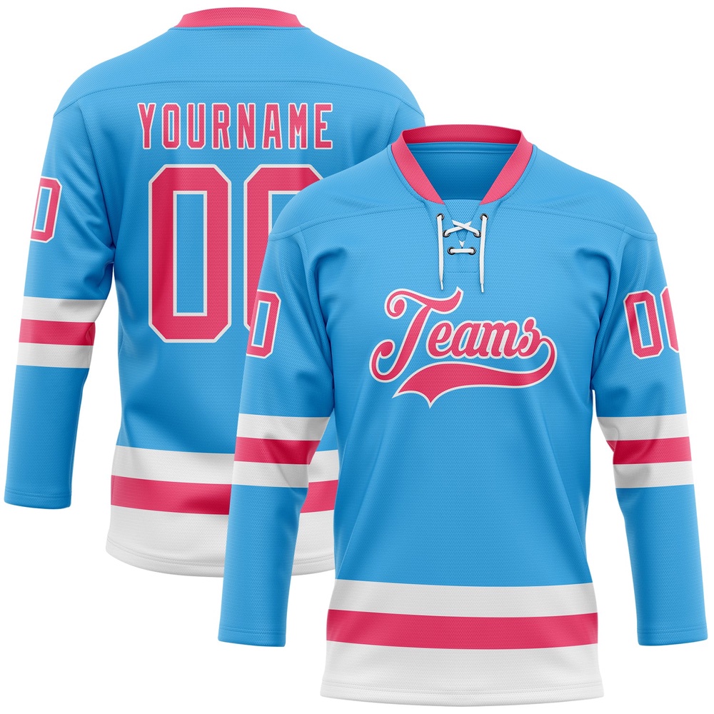Custom Sky Blue Neon Pink White Hockey Lace Neck Jersey, New Hockey Jersey, Personali Sport Team Jersey Shirt Custom Sky Blue Neon Pink White Hockey Lace Neck Jersey, New Hockey Jersey, Personali Sport Team Jersey Shirt