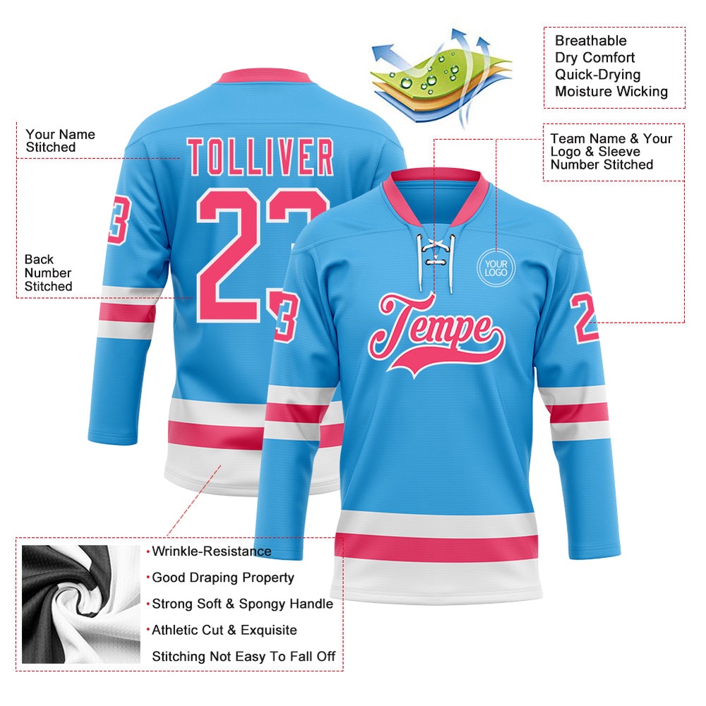 Custom Sky Blue Neon Pink White Hockey Lace Neck Jersey, New Hockey Jersey, Personali Sport Team Jersey Shirt Custom Sky Blue Neon Pink White Hockey Lace Neck Jersey, New Hockey Jersey, Personali Sport Team Jersey Shirt