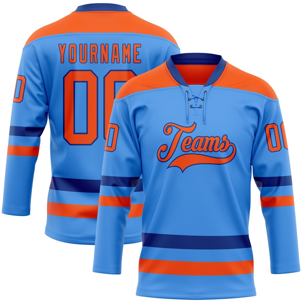 Custom Sky Blue Orange Royal Hockey Lace Neck Jersey, New Hockey Jersey, Personali Sport Team Jersey Shirt Custom Sky Blue Orange Royal Hockey Lace Neck Jersey, New Hockey Jersey, Personali Sport Team Jersey Shirt