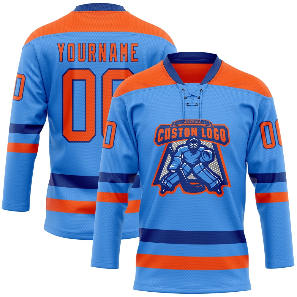 Custom Sky Blue Orange Royal Hockey Lace Neck Jersey, New Hockey Jersey, Personali Sport Team Jersey Shirt Custom Sky Blue Orange Royal Hockey Lace Neck Jersey, New Hockey Jersey, Personali Sport Team Jersey Shirt