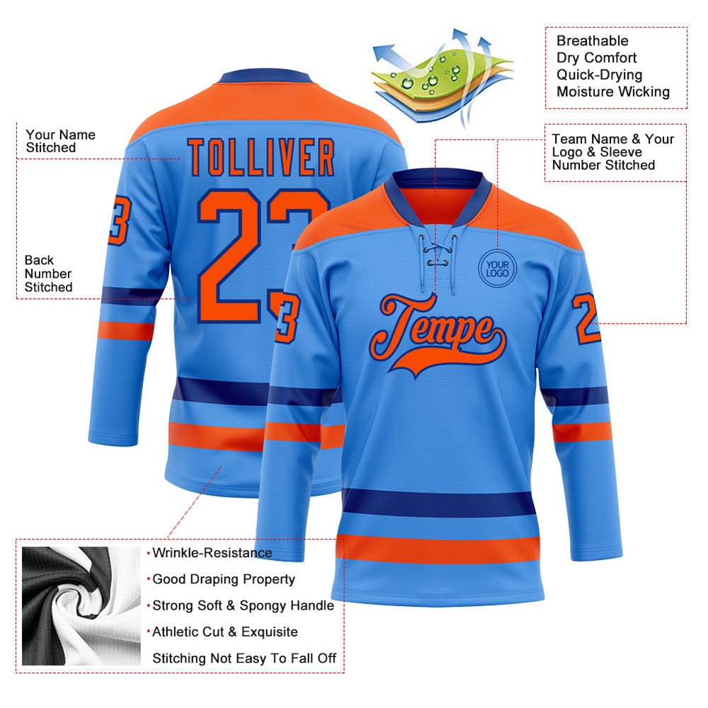 Custom Sky Blue Orange Royal Hockey Lace Neck Jersey, New Hockey Jersey, Personali Sport Team Jersey Shirt Custom Sky Blue Orange Royal Hockey Lace Neck Jersey, New Hockey Jersey, Personali Sport Team Jersey Shirt