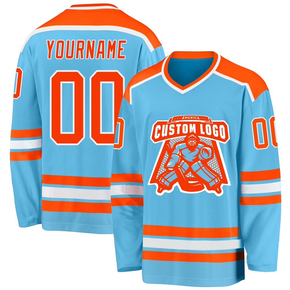 Custom Sky Blue Orange White Hockey Jersey, New Hockey Jersey, Personali Sport Team Jersey Shirt