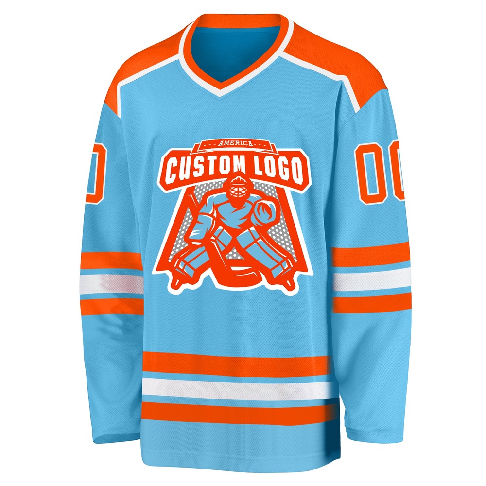 Custom Sky Blue Orange White Hockey Jersey, New Hockey Jersey, Personali Sport Team Jersey Shirt