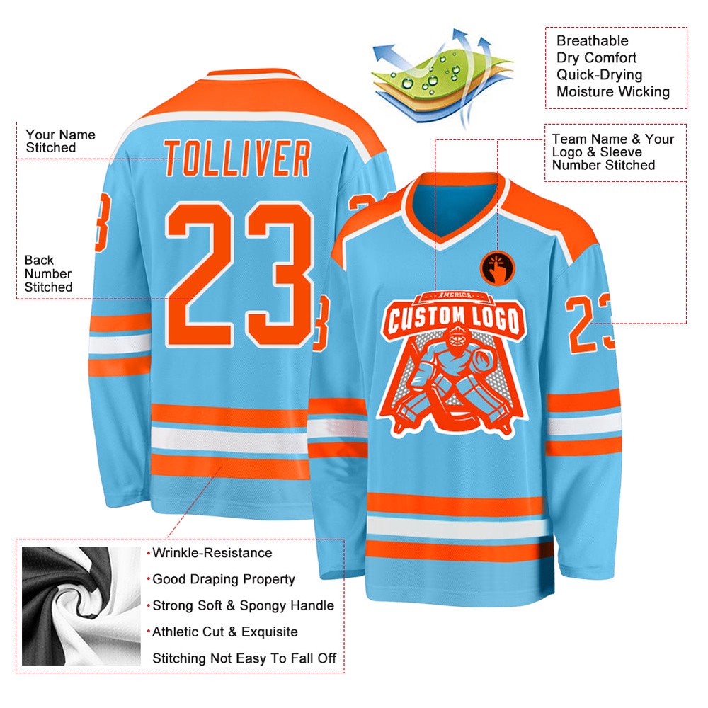 Custom Sky Blue Orange White Hockey Jersey, New Hockey Jersey, Personali Sport Team Jersey Shirt